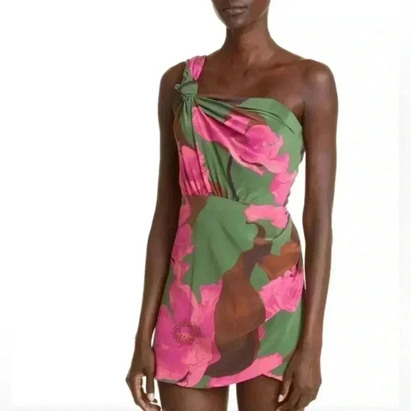 JOHANNA ORTIZ San Basilio One-Shoulder Silk Mini Dress 6 Multicolor Green Floral - Picture 9 of 10